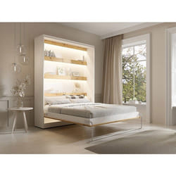 Lit Escamotable 160 X 200 Cm - Ouverture Verticale Manuelle - Avec Leds - Blanc Et Naturel - Rapili