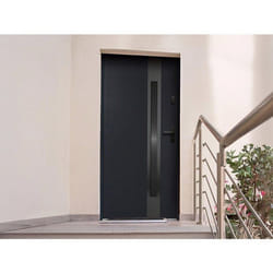 Porte D'Entrée En Acier Pleine Et Inox H207 X L100 Cm - Verre Fumé - Noir Et Anthracite - Poussant Gauche - Braga