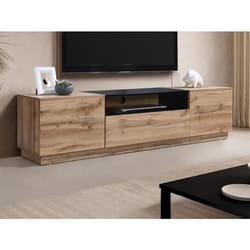 Meuble TV avec 2 portes 1 tiroir et 1 niche - Naturel clair et Noir - CEMILINA