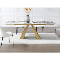Table à manger extensible 6 à 10 personnes en verre trempé céramique et métal doré - Effet marbre blanc et taupe - LOZIPA de