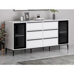 Buffet avec 2 portes en verre trempé et 6 tiroirs - Blanc et noir - MOLINIA