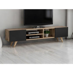 Meuble Tv Avec 2 Portes Et 3 Niches - Noir Et Naturel - Mostia