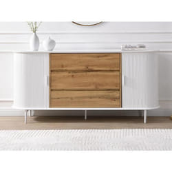 Buffet avec 2 portes coulissantes et 3 tiroirs en MDF - Blanc et naturel - VELURANI