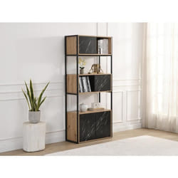 Bibliothèque avec 4 portes et 2 niches en MDF et acier - Effet marbre noir et naturel - YELANIA