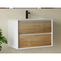 Vente-unique - Meuble Sous Vasque Suspendu Coloris Naturel Et Blanc - 80 Cm - Lannick