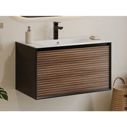 Vente-unique - Meuble Sous Vasque Suspendu Strié - Coloris Naturel Foncé Et Noir - 80 Cm - Baniva