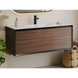 Meuble sous vasque suspendu strié - Coloris naturel foncé et noir - 120 cm - BANIVA