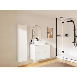 Meuble de salle de bain suspendu strié avec vasque à poser et colonne - Blanc mat - 80 cm - ZEVINI