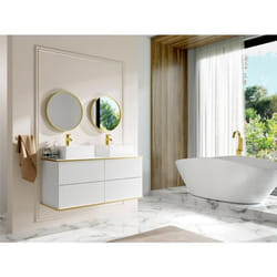 Meuble de salle de bain suspendu strié liseré doré avec double vasque à poser carrée - Blanc - 120 cm - KELIZA