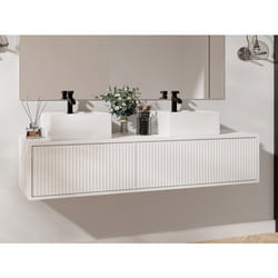 Meuble De Salle De Bain Suspendu Strié Avec Double Vasque - Blanc - 150 Cm - Arnega