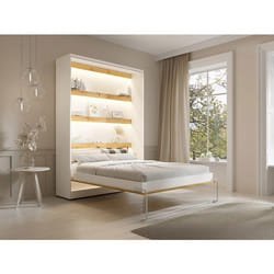 Vente-unique - Lit Escamotable 140 X 200 Cm - Ouverture Verticale Manuelle - Avec Leds - Blanc Et Naturel + Matelas - Rapili