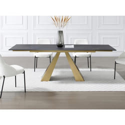 Table à manger extensible 6 à 10 personnes en verre trempé céramique et métal - Effet marbre noir et doré - LOZIPA de Maison Céphy