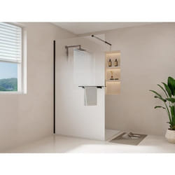 Paroi de douche à litalienne brume avec porte serviette et étagères - 120 x 200 cm - Noir mat - POMARO