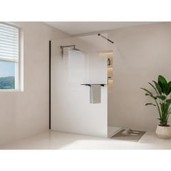 Paroi de douche à litalienne brume avec porte serviette et étagères - 140 x 200 cm - Noir mat - POMARO