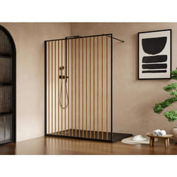 Paroi de douche à litalienne en aluminium - Effet bois et noir mat - 140 x 200 cm - TOPEKA