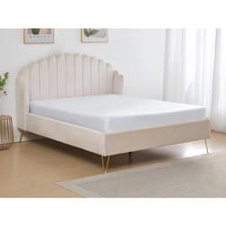 Lit 140 x 190 cm avec tête de lit ondulée - Velours - Beige + Matelas - SAGALI