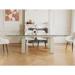 Table à manger extensible 8 à 10 personnes en verre trempé et métal beige - Transparent - LUBANA