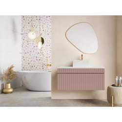 Meuble sous vasque suspendu strié rose avec planche - 100 cm - SATARA