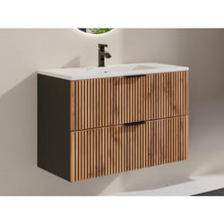 Meuble de salle de bain suspendu avec vasque à encastrer - Naturel clair et noir - 80 cm - MADELA
