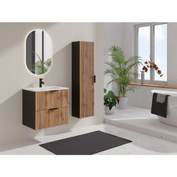 Vente-unique - Meuble De Salle De Bain Suspendu Strié Avec Vasque À Encastrer Et Colonne - Naturel Clair Et Noir - 60 Cm - Madela