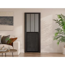 Bloc porte réversible en aluminium et verre trempé dépoli style atelier - H204 x L73 cm - Noir - ERMELO