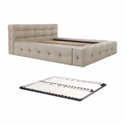 Lit capitonné 140 x 190 cm - Tissu chiné - Beige + Sommier - LERUCO de Pascal Morabito