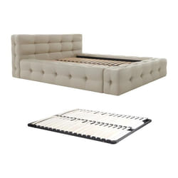 Lit capitonné 140 x 190 cm - Tissu chiné - Beige + Sommier - LERUCO de Pascal Morabito