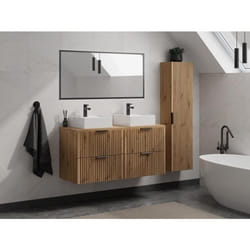 Meuble de salle de bain suspendu strié avec vasque à poser et colonne - Naturel clair - 120 cm - ZEVARA