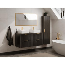 Meuble de salle de bain suspendu strié avec vasque à poser et colonne - Noir - 120 cm - ZEVARA