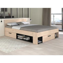 Lit 140 X 190/200 Cm Avec Rangements - Coloris : Naturel Et Noir + Sommier - Kinselia