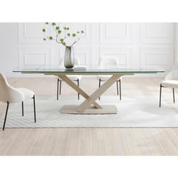 Table à manger extensible 6 à 10 personnes en verre trempé et métal - Transparent et beige - MALATA de Maison Céphy