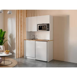 Meuble multifonction kitchenette et buanderie - Avec plan de travail 120 cm - Blanc et naturel - CARMEO