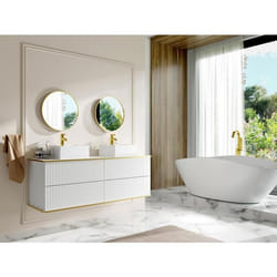 Meuble sous vasque suspendu strié liseré doré 4 tiroirs - Blanc - 150 cm - KELIZA
