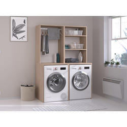 Meuble Pour 2 Machines À Laver Avec Penderie Et Étagères - Naturel Clair - H184 X L128 Cm - Erkano