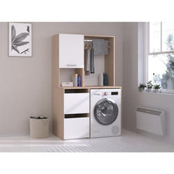 Meuble pour machine à laver avec penderie et placards - Naturel clair et blanc - L111 x H184 cm - ERKANO
