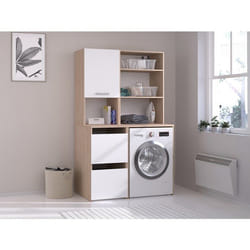 Meuble pour machine à laver avec étagères et placards - Naturel clair et blanc - L111 x H184 cm - ERKANO