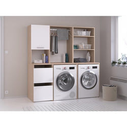 Meuble pour 2 machines à laver avec étagères penderie et placards - Naturel clair et blanc - L176 x H184 x P66 cm - ERKANO