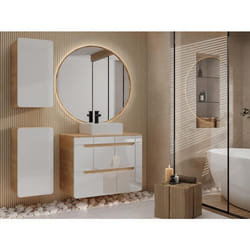 Meuble de salle de bain suspendu avec vasque à poser et deux colonnes - Coloris naturel et blanc - 80 cm - ARUBA