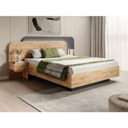 Vente-unique - Lit Avec Chevets 160 X 200 Cm - Avec Leds - Coloris : Naturel Et Anthracite + Sommier + Matelas - Desado