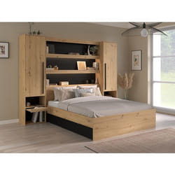 Lit Pont 160 X 200 Cm Avec Rangements - Avec Leds - Coloris : Naturel Et Noir + Sommier + Matelas - Varly