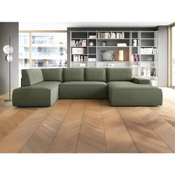 Grand canapé dangle droit panoramique convertible en tissu texturé vert AMELIA