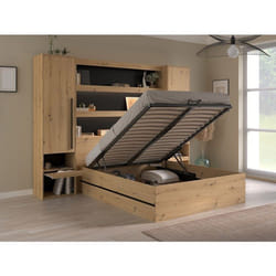 Lit Coffre 140 X 190 Cm Ludaro Avec Pont De Lit Varly - Coloris : Naturel Et Noir