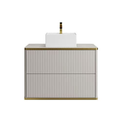 Meuble de salle de bain suspendu strié liseré doré avec vasque à poser carrée - Beige - 80 cm - KELIZA