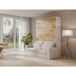 Vente-unique - Lit Escamotable 140 X 200 Cm - Ouverture Verticale Manuelle - Avec Leds - Blanc Et Naturel + Canapé - Rapili