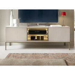 Vente-unique - Meuble Tv 3 Portes Avec Leds En Mdf Et Verre Fumé - Beige Et Noir - Ovila