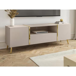 Meuble TV avec 2 portes 1 tiroir et 1 niche - Beige et Doré - MARZIALO