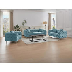 Canapé 3 places 2 places et fauteuil chesterfield en velours bleu pastel EDWINA