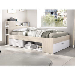 Lit Avec Tête De Lit Rangements Et Tiroir - 120 X 190 Cm - Naturel Et Blanc + Sommier + Matelas - Leandre