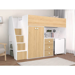 Lit Mezzanine 90 X 190 Cm Avec Armoire Et Bureau - Blanc Et Naturel + Matelas - Lanilato
