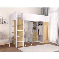 Lit Mezzanine 90 X 190 Cm Avec Bureau Et Penderie - Coloris : Blanc Et Naturel + Matelas - Lorinti